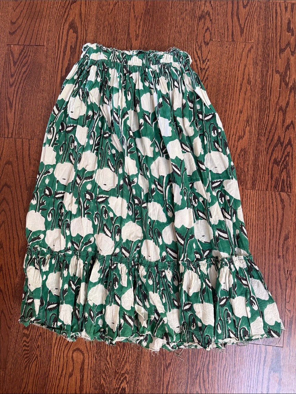 Green Floral Tiered Midi Skirt with Ruffle Hem